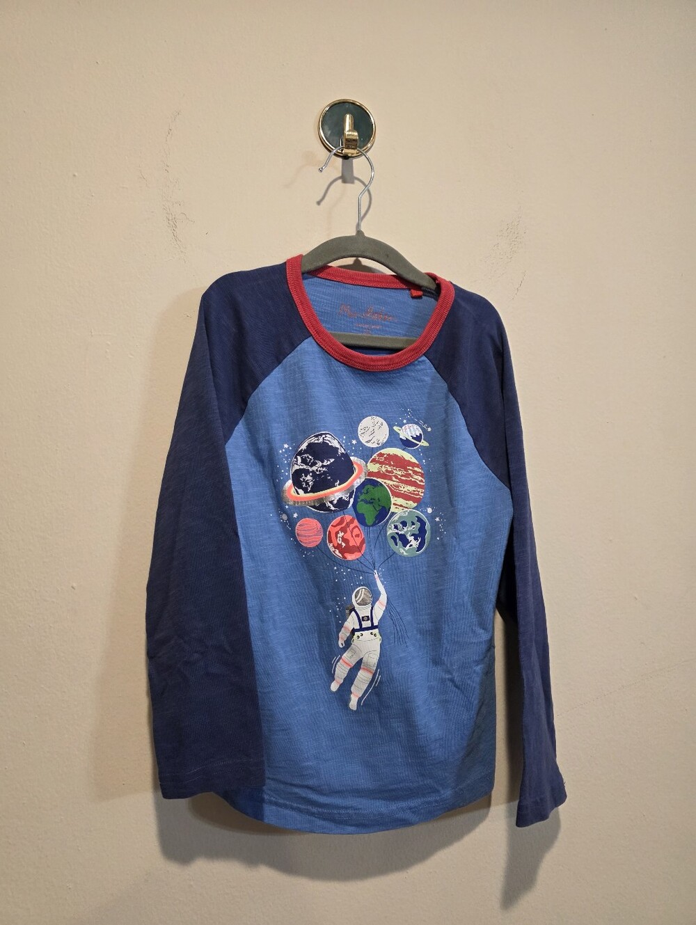Mini Boden Blue Raglan Long-Sleeve Tee with Space Graphic and Red Trim